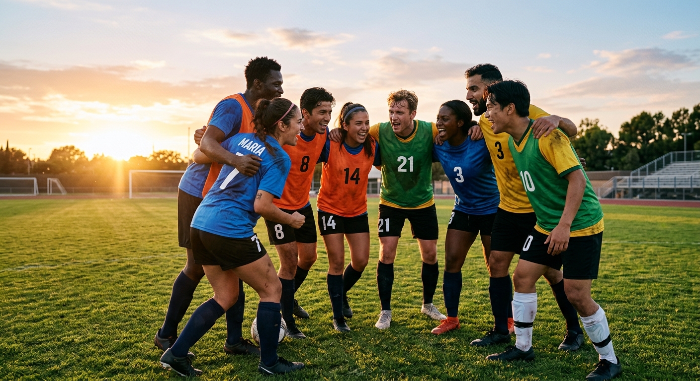 Athletes huddle on a sunlit soccer field, showing determination and unity, vibrant jerseys contrasting with the lush green grass.