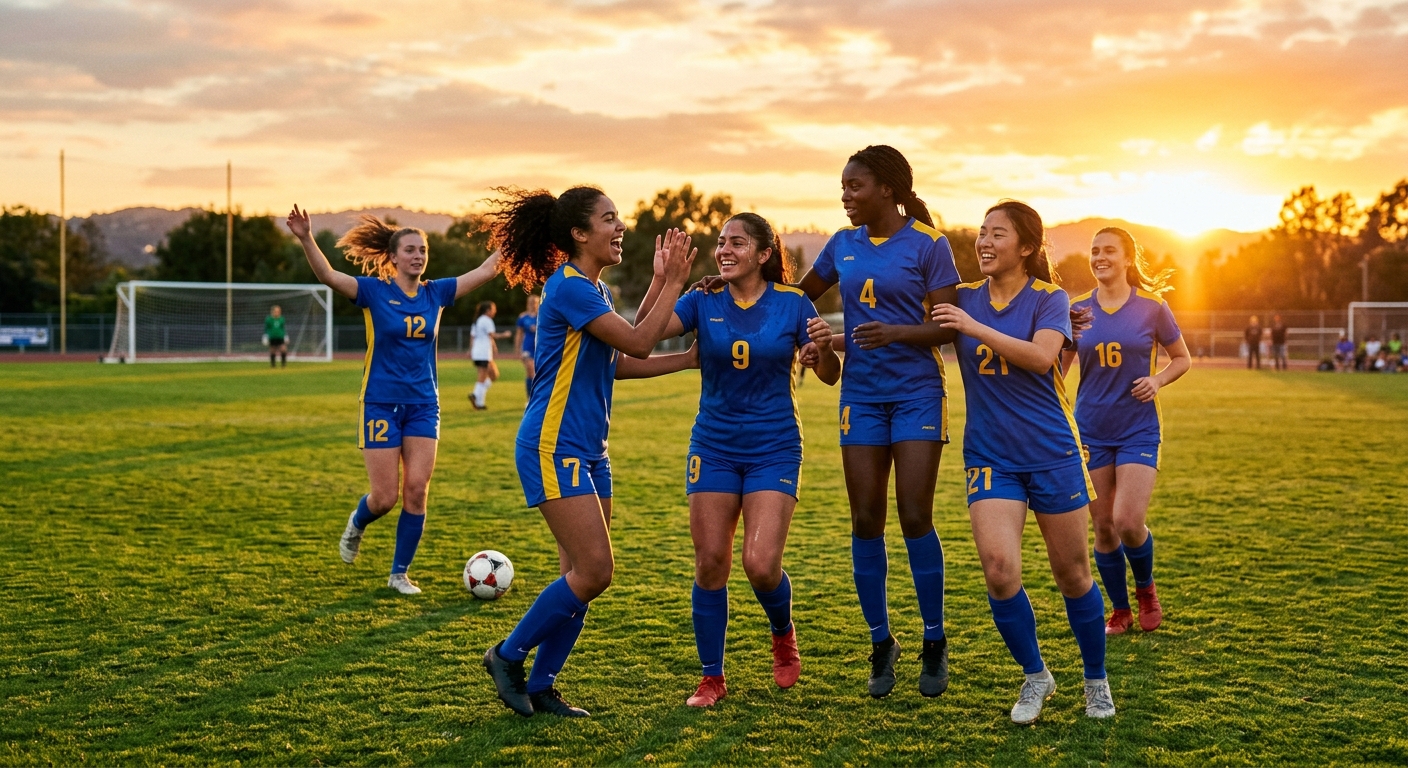 Young women playing soccer on a vibrant field at sunset, showcasing teamwork and diversity under warm, golden light.
